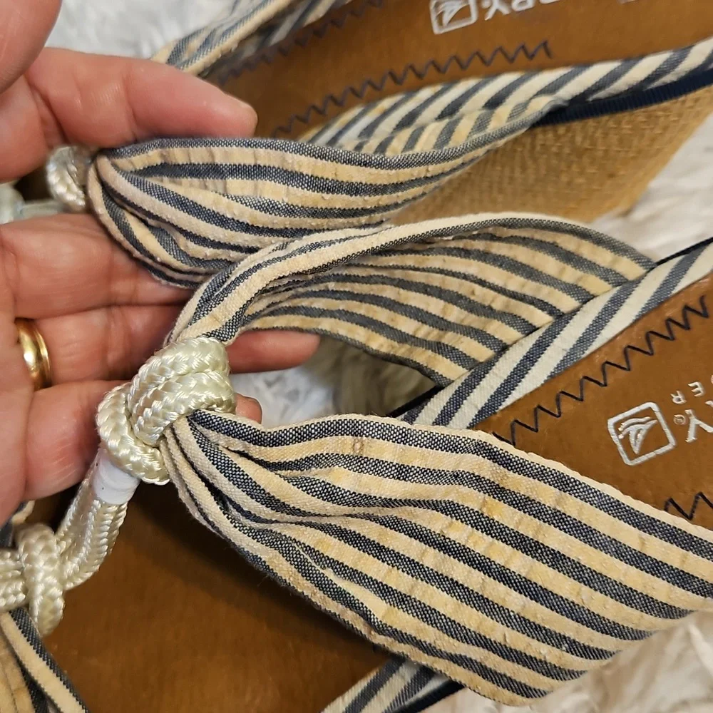 Sperry Top-Sider Espadrille Wedge Sandals Blue Striped Bow Accents‎ Nautical